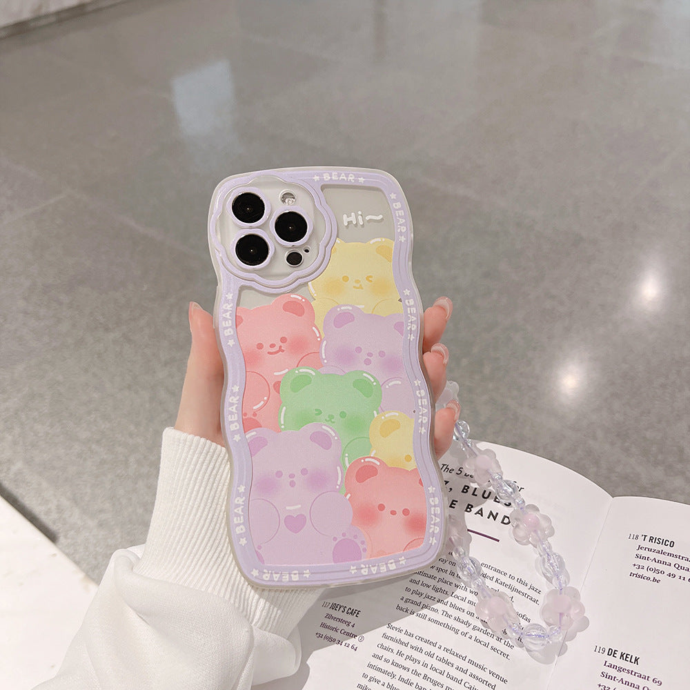 For iPhone 14 Pro Smartphone Case Bear Pattern Clear TPU Cover with Purple Flower Wrist Strap For iPhone 14 Pro Smartphone Case Bear Pattern Clear TPU Cover with Purple Flower Wrist Strap